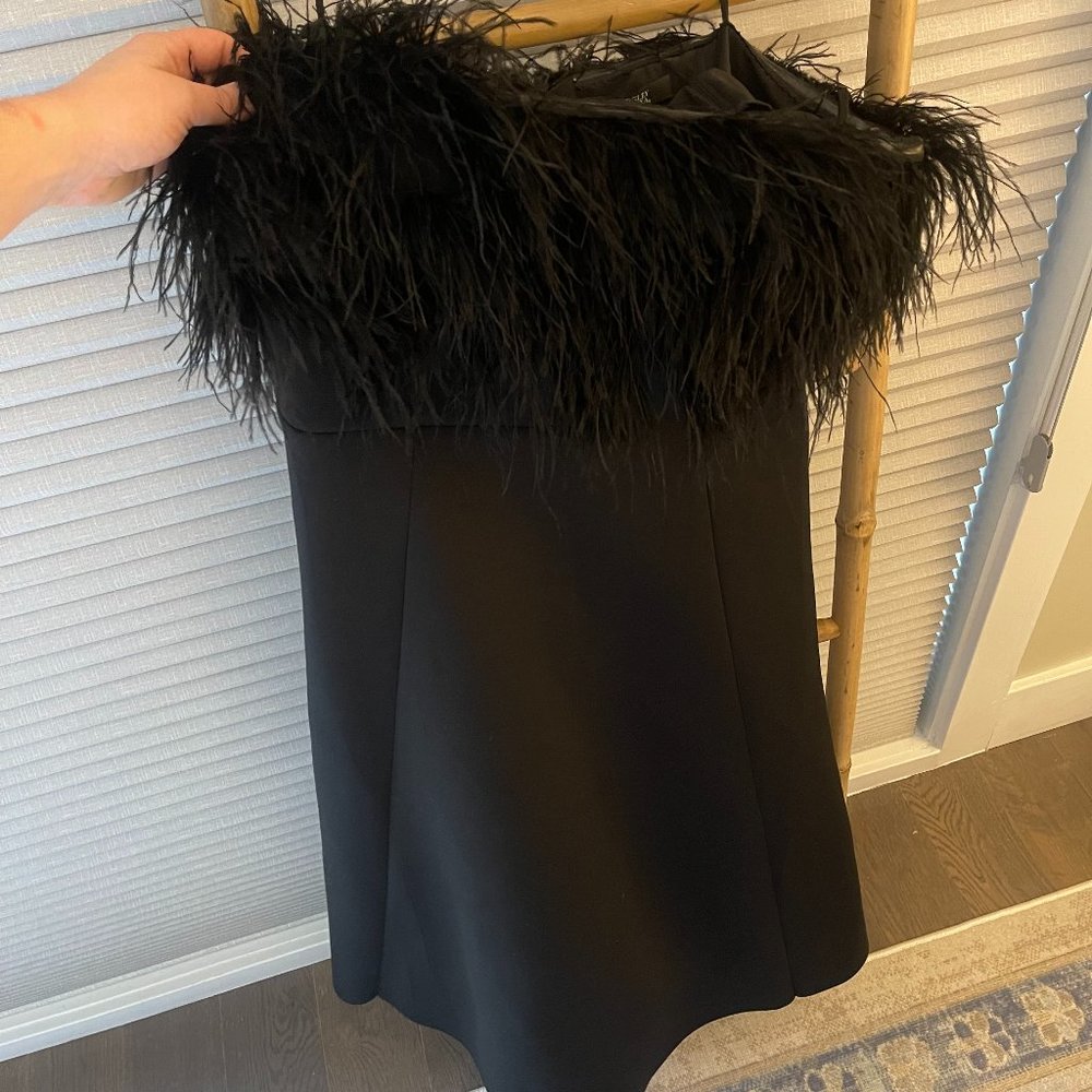 Badgley Mischka Strapless Scuba Dress w/ Ostrich Feathers
